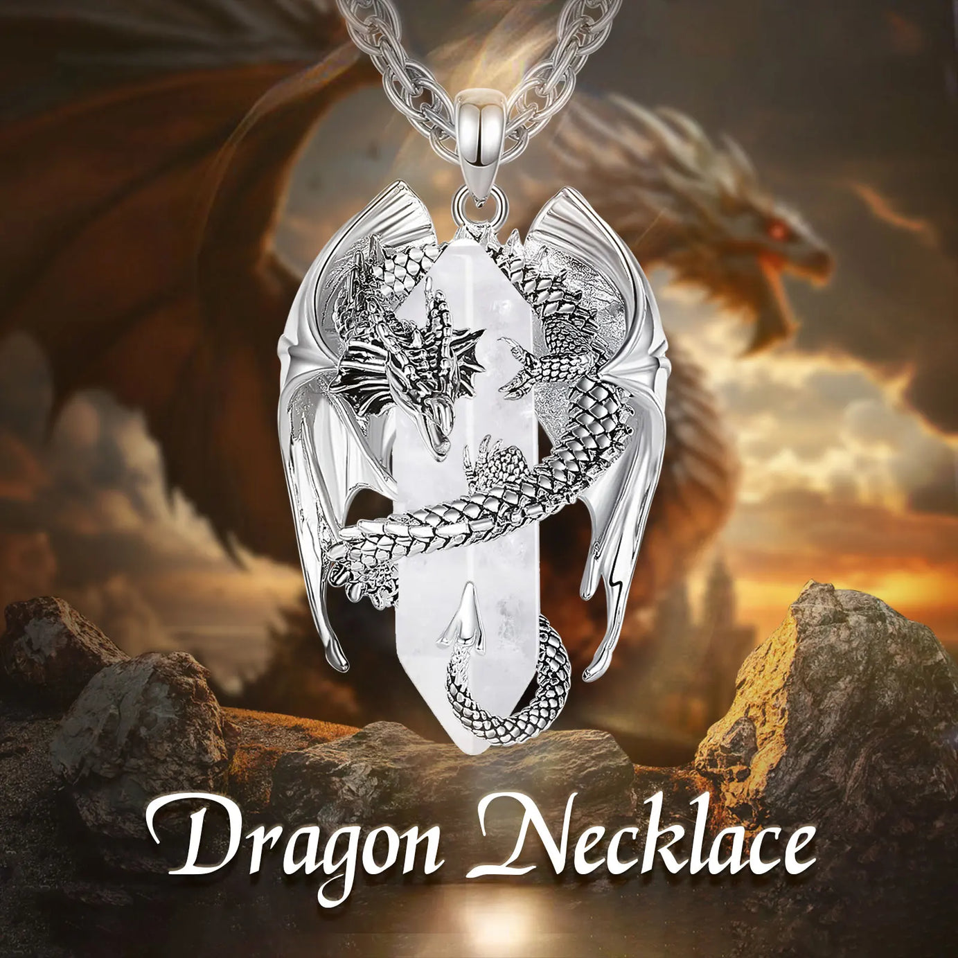 Natural Clear Quartz Dragon Pendant Necklace, Hexagonal Healing Crystal Amulet