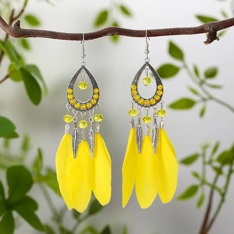 Feather Crystal Tassel Boho Dangle Earrings Jewelry