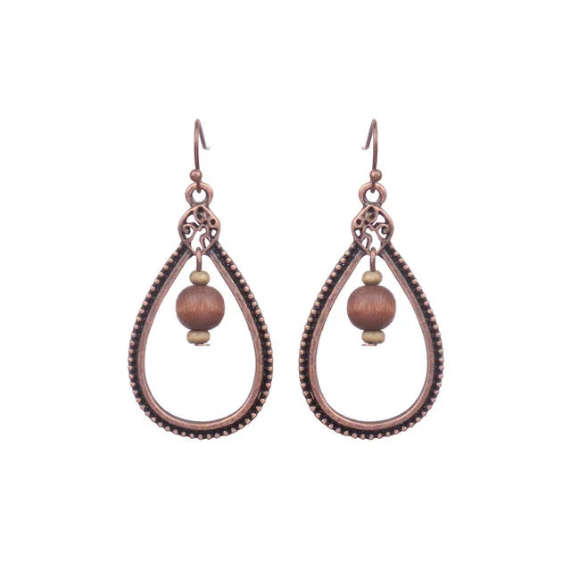 DOUVEI 2021 Ethnic Bohemia Women's Gypsy Big Bronze Wood Beads Round Drop Boho Earrings Vintage Style For Female HQE741