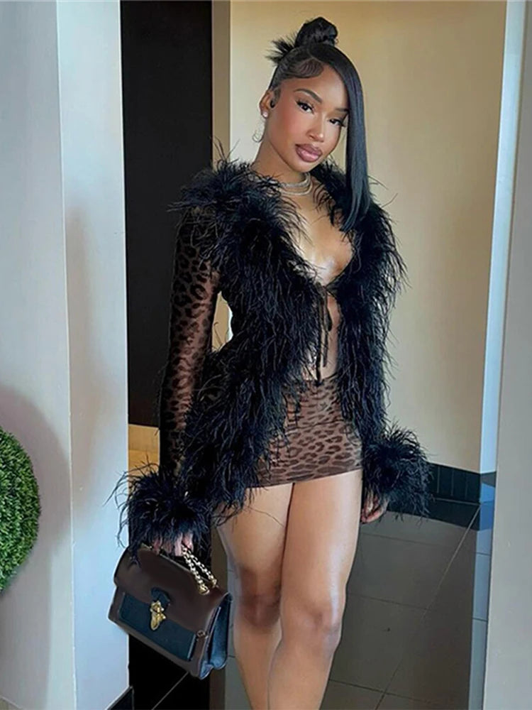 Sexy Leopard Print Women's Two Pieces Set Y2k Full Sleeve Furry Neck Lace Up Cardigan Tops Mini Skirts 2025 Chic Lady Outfits - Charlie Dolly