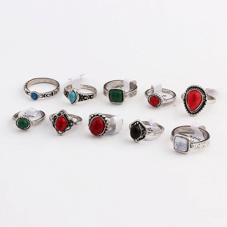 Natural Stone Boho Ring Set — 10 Pieces