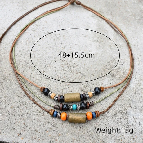 Wood Bead Wax Rope Multilayer Necklace Jewelry