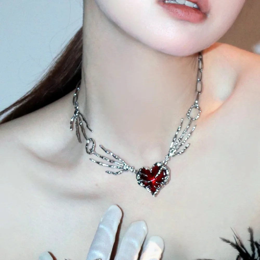 Gothic Red Peach Heart Pendant Necklace for Women Girls Sliver Ghost Claw Love Short Choker PunkClavicle Chain Halloween Gifts - Charlie Dolly