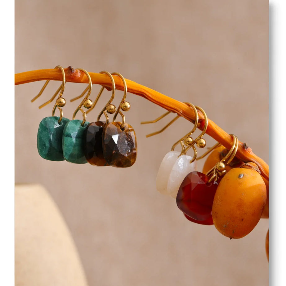 Natural Stone Square Drop Earrings, Tiger Eye Agate 14K Gold-Plated Stainless Steel Jewelry
