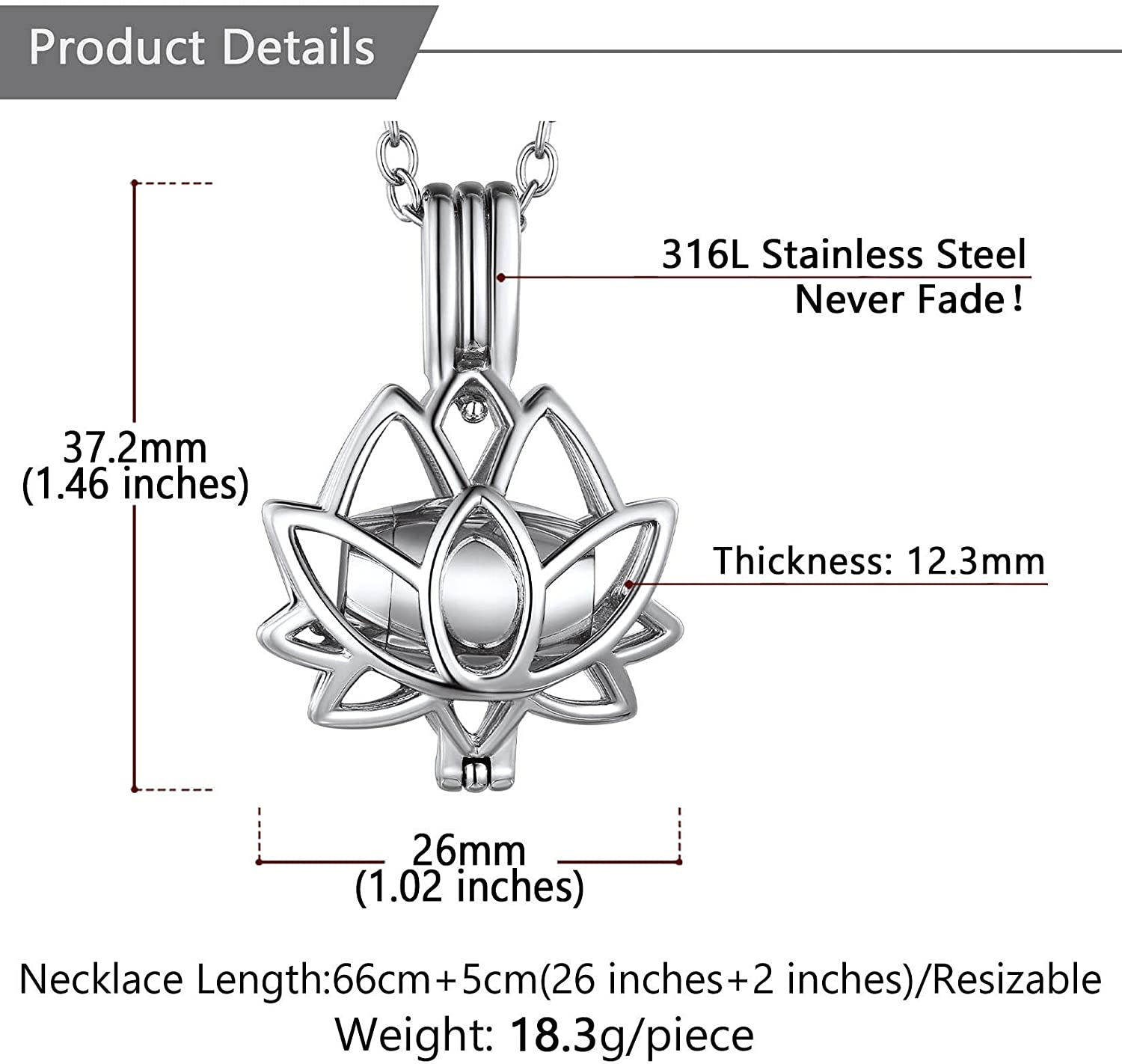 U7 Lotus Necklace Cremation Jewelry for Ashes of Love One 316L Stainless Steel Hollow Out Lotus Flower Urn Pendant 20" O-chain