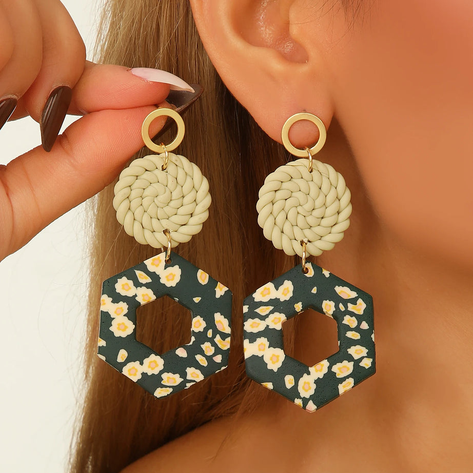 Floral Geometric Polymer Clay Statement Earrings Jewelry