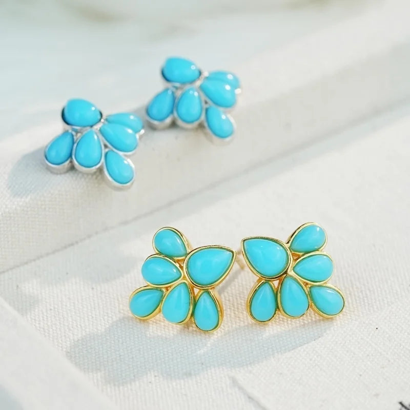 GEEZENCA 925 Silver Lapis Lazuli Turquoise Leaf Stud Earrings Women Gold Plated Trendy Dainty Lightweight Statement Earring Gift