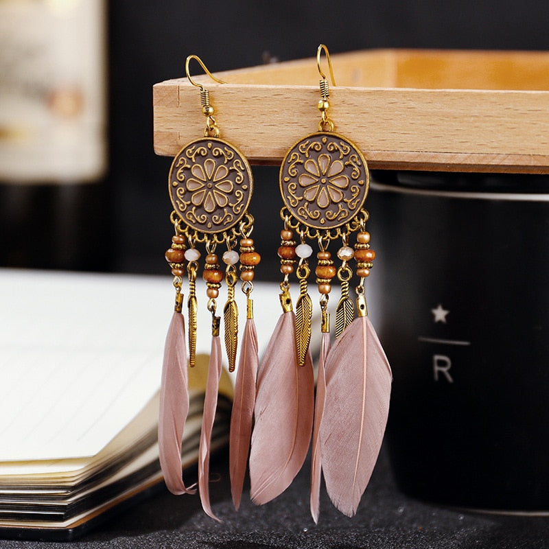 Boho Long Feather Dangle Women&#39;s Earrings Beach Long Tassel Beads Handmade Flower Enamel Earrings Bride Wedding Pendientes Mujer - Charlie Dolly