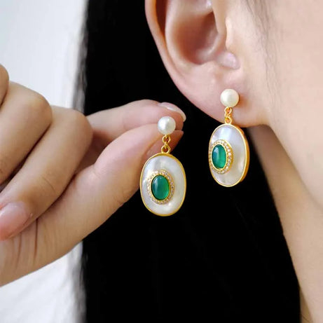 New style inlaid lapis lazuli artificial artificial fritillary earrings for women emerald vintage pearl wedding silver jewelry - Charlie Dolly
