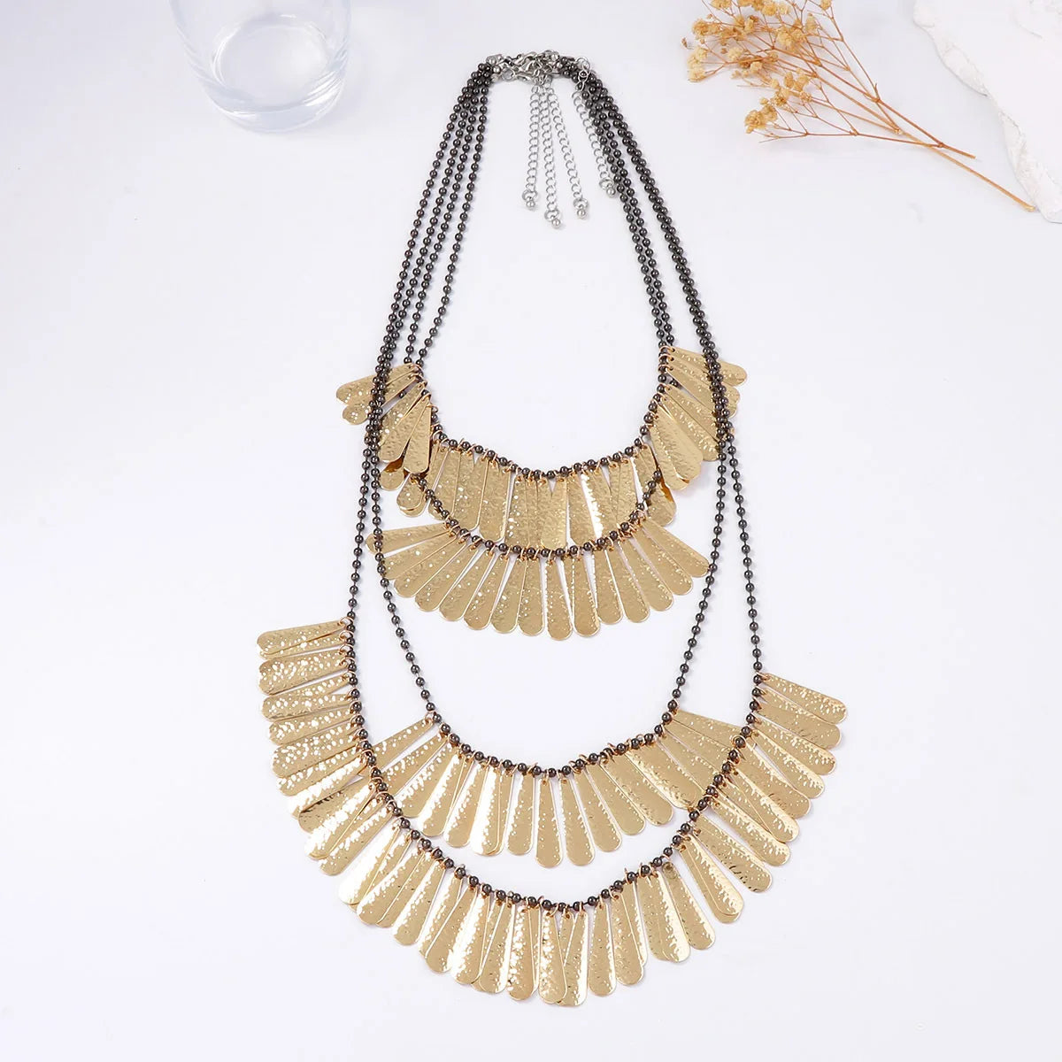 Beaded Waterfall Metal Plate Tassel Necklace Jewelry