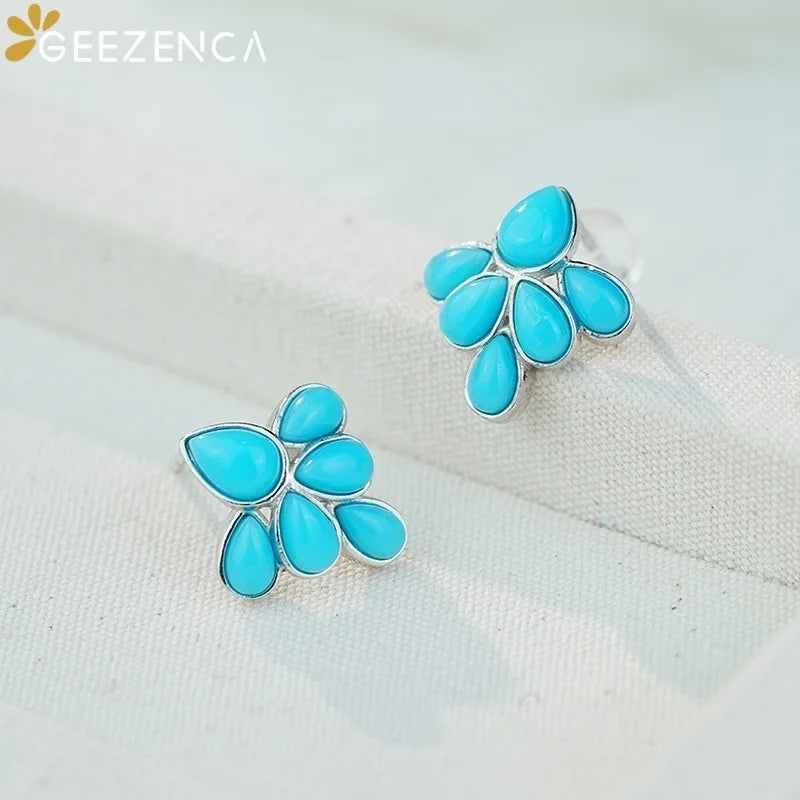 GEEZENCA 925 Silver Lapis Lazuli Turquoise Leaf Stud Earrings Women Gold Plated Trendy Dainty Lightweight Statement Earring Gift