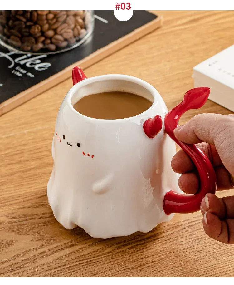 1pc 16oz Large Ceramic Halloween Devil Mug Adorable Cartoon Ghost Elf Kawaii Elves Porcelain Tea Cup Drinkware Gift for Kids - Charlie Dolly
