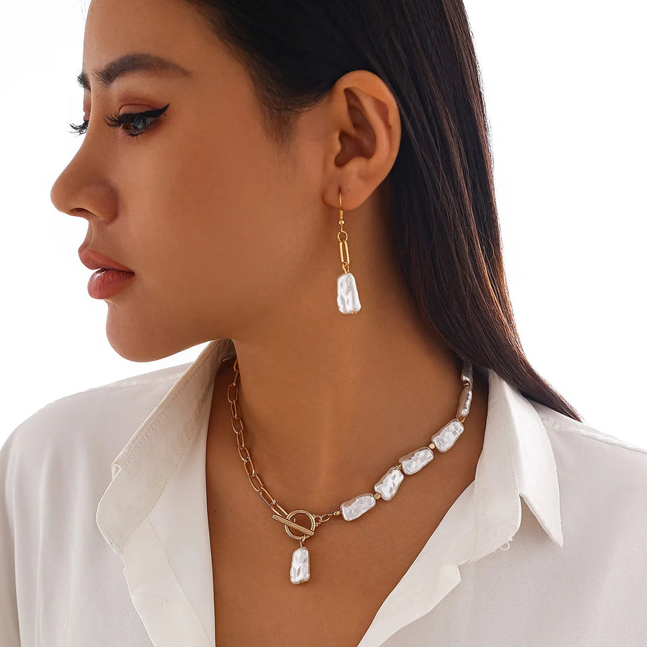 Square Pearl and Cross Chain Boho Necklace, Earring and Bracelet Set