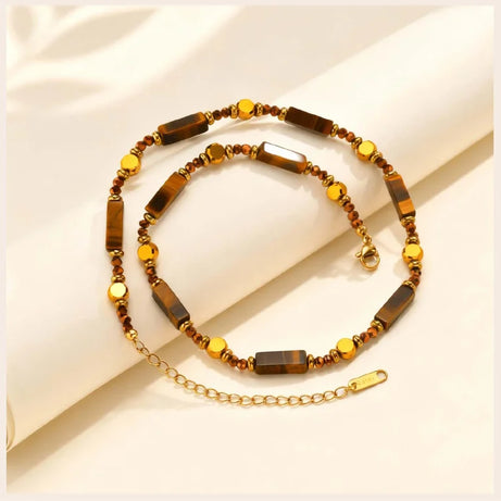 Natural Tiger Eye Necklace for Women, Boho Beaded Pendant Layered Collarbone Chain with Irregular Stone Jewelry - Charlie Dolly