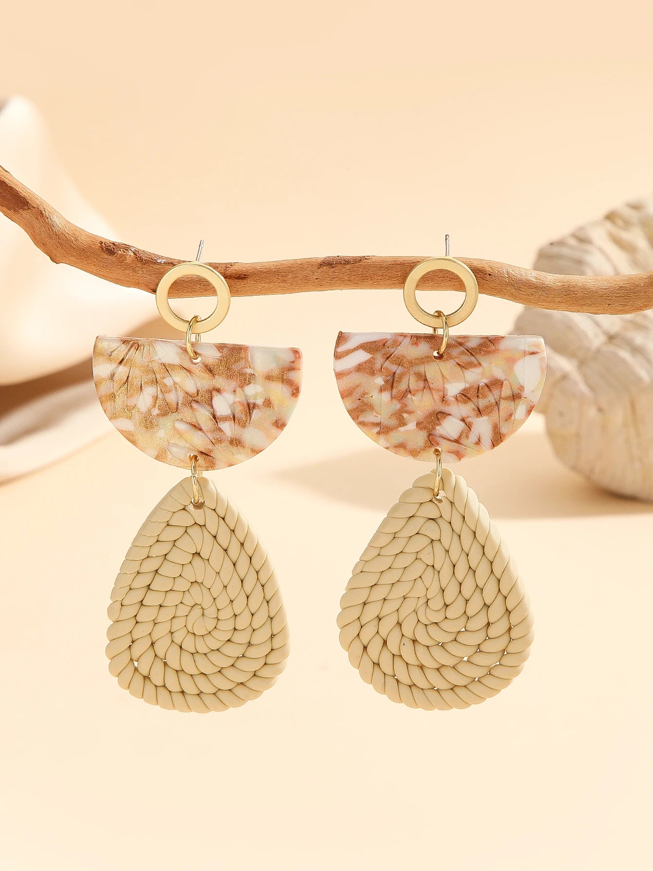Assorted Boho Marbled Woven Geometric Earrings Arch Teardrop Rattan Style Drop Lightweight Unique Handmade Style Jewelry