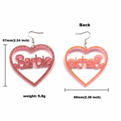 Kawaii Barbie Spring Print Letter Heart Hollow Acrylic Pink Glitter Earrings Accessories Jewelry Fashion Versatile Girls Gift