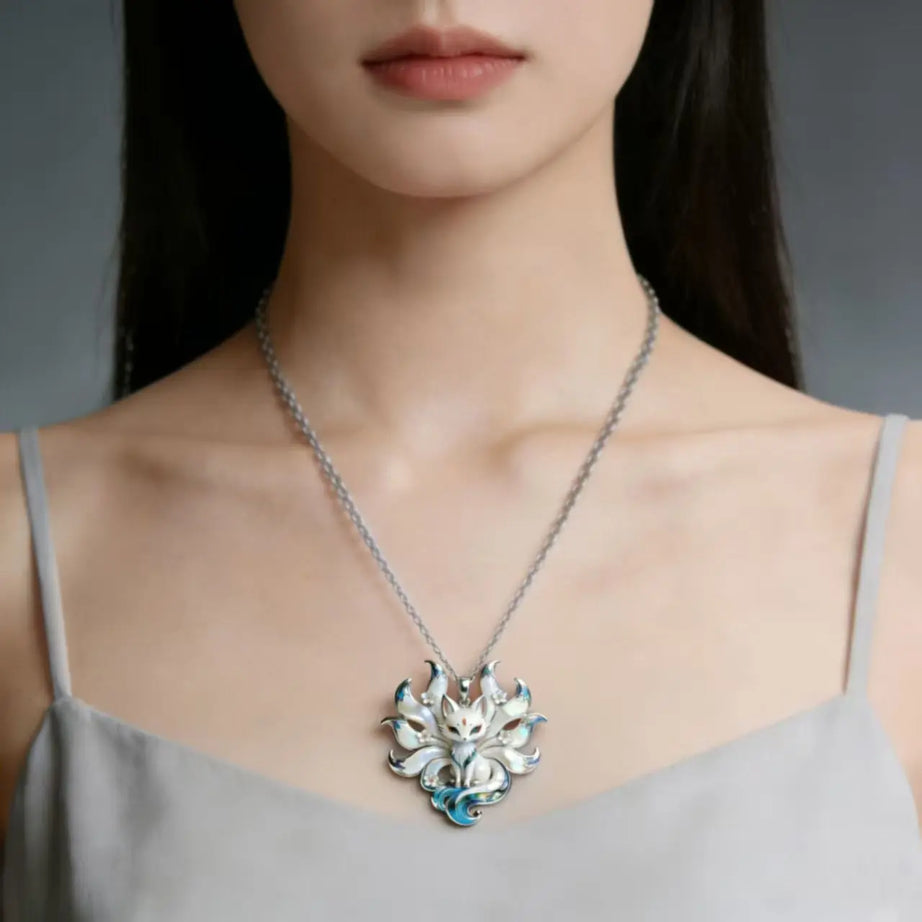Nine-Tailed Fox Enamel Pendant Necklace, Kitsune Spirit Talisman