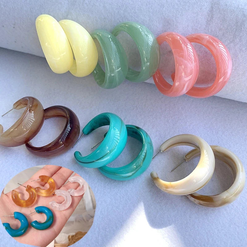 Korean Fashion C-Shape Resin Hoop Earrings for Women New Multicolor Geometric Circle Acrylic Earring Hoops Boho Jewelry Gifts