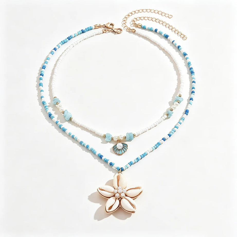 Layered Shell Flower Boho Necklace Set (2 Pieces)
