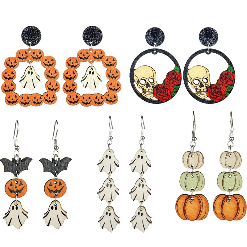 2024 Horror Pumpkins Ghost Wood Halloween Earrings For Women Hallowmas Rose Flower Skull Drop Earring Party