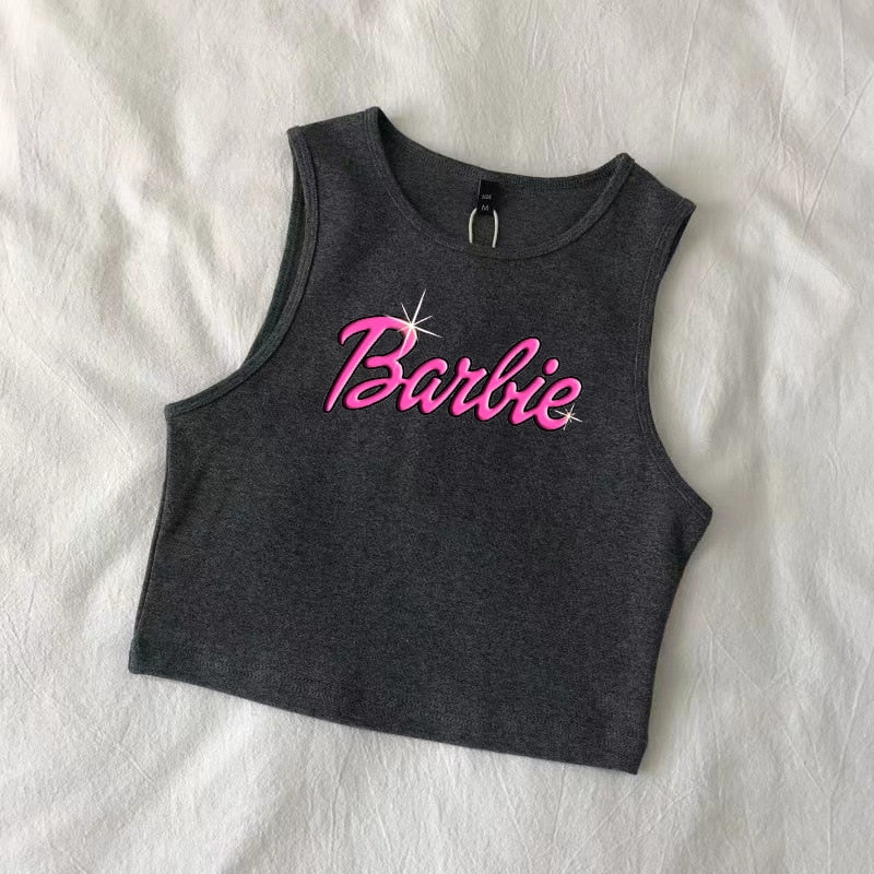 Sexy Barbie Ladies Sleeveless Crop Top Kawaii Cartoon Casual Girls Camisole T-Shirts Vest Y2K Fashion Women Slim Short Tank Tops - Charlie Dolly