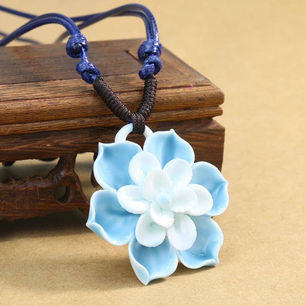 3D Lotus Flowers Pendant Ceramic Necklace Chinese Traditional Style Buddhism Yoga Meditation Jewelry Decor Hanging Hand Craft