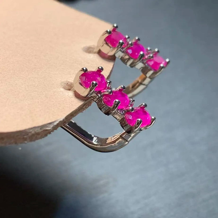 Natural Ruby Hoop Earrings, Classic Fine Gemstone Stainless Steel Jewelry