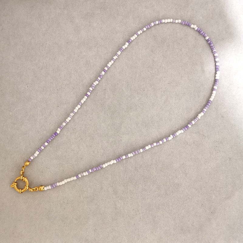 QMHJE Imitation Pearl Necklace Women Choker Seed Beads Rainbow Stainless Steel Clasp Sailor Buckle Base Chain Gold Color Boho - Charlie Dolly