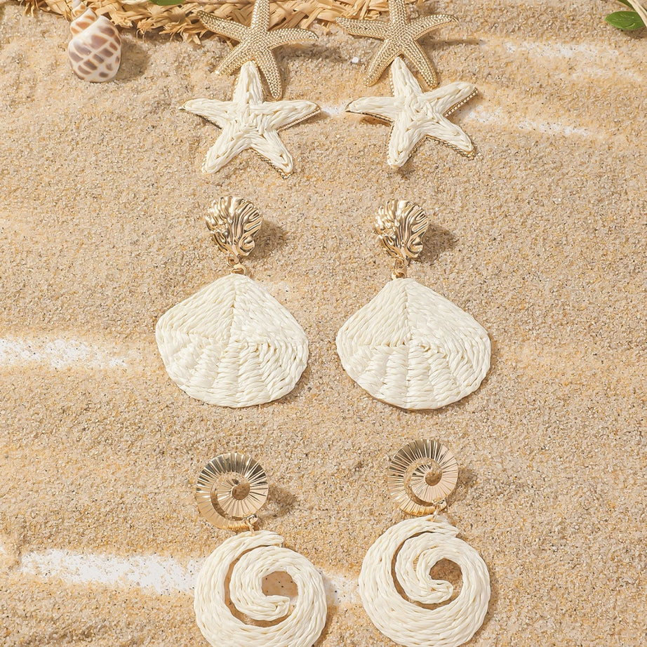Ocean Rattan Raffia Shell and Starfish Drop Earrings
