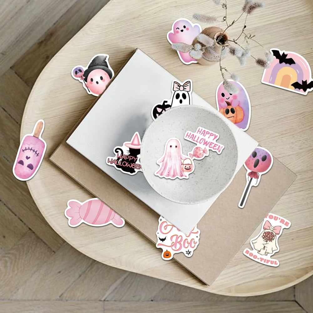 50PCS Kawaii Pink Halloween Ghost Skull Pumpkin Stickers Notebook Guitar Skateboard Waterproof Cute Decorative Sticker Toy - Charlie Dolly