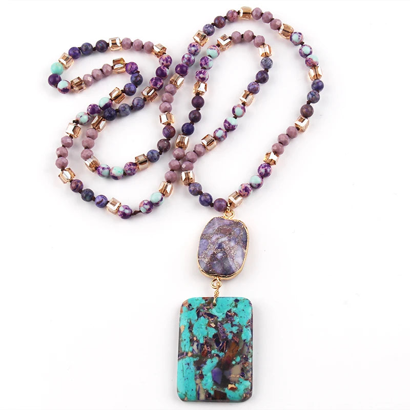 RH Fashion Bohemian Jewelry Natural Stones Crystal Stone Knotted Semi Precious Stone Boho Multi Pendant Necklace Women Gift