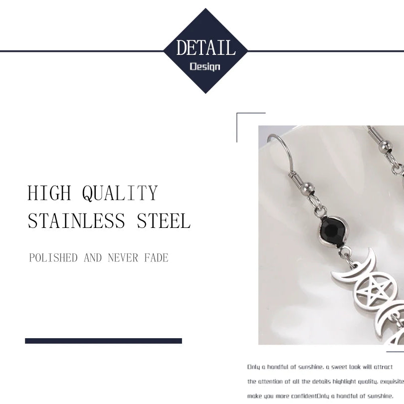 Triple Moon, Rune & Pentagram Hoop Earrings, Stainless Steel Witchy Amulet