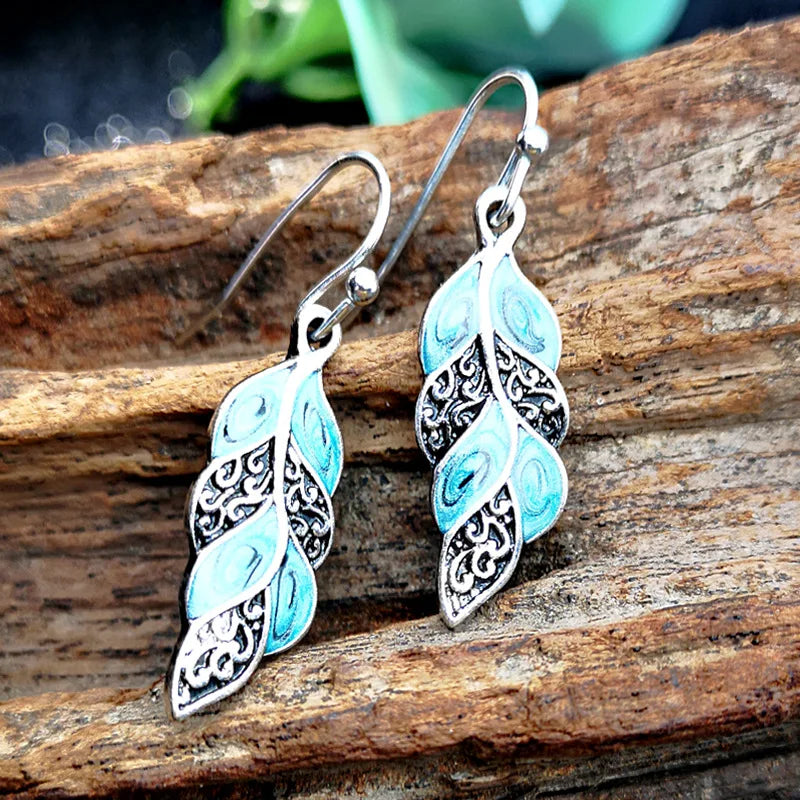 Boho Ethnic Peacock Feather Drop Earrings Tribal Jewelry Carved Metal Blue Painting Epoxy Small Dangle Earring Women