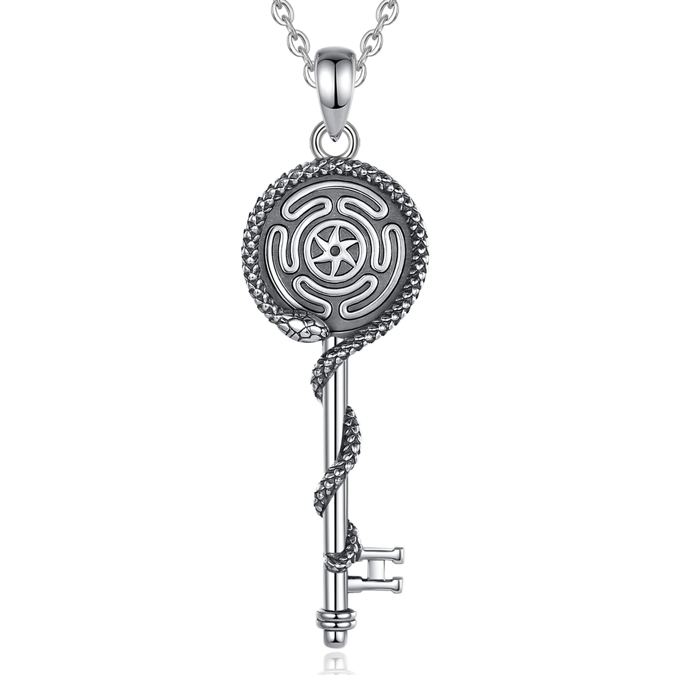 S925 Sterling Silver Hecate Wheel, Snake & Key Pendant Necklace, Triple Goddess Witch Pagan Amulet