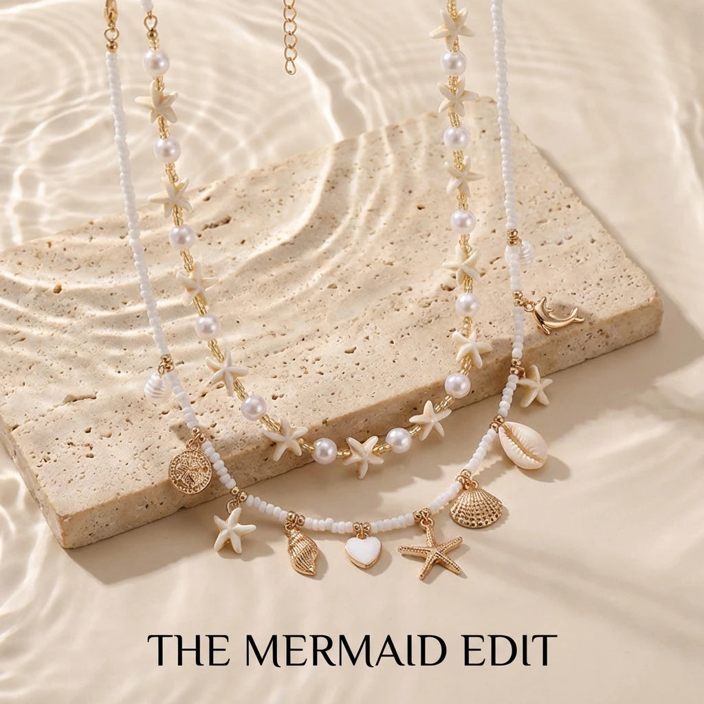 Boho Multilayer Shell Starfish Pendant Necklace for Women Handmade Beaded Imitation Pearl Choker Beach Party Jewelry Gift