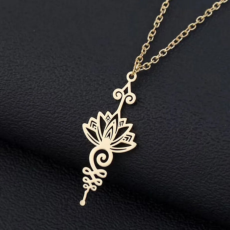 Unalome Lotus Pendant, Stainless Steel Yoga Sacred Path Necklace