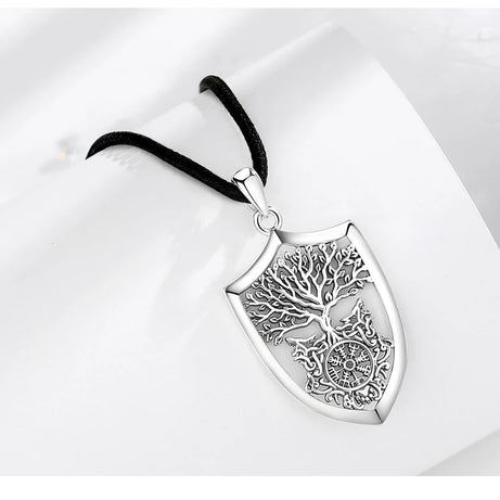 S925 Sterling Silver Viking Yggdrasil Compass Pendant Necklace, Tree of Life Wolf Norse Amulet