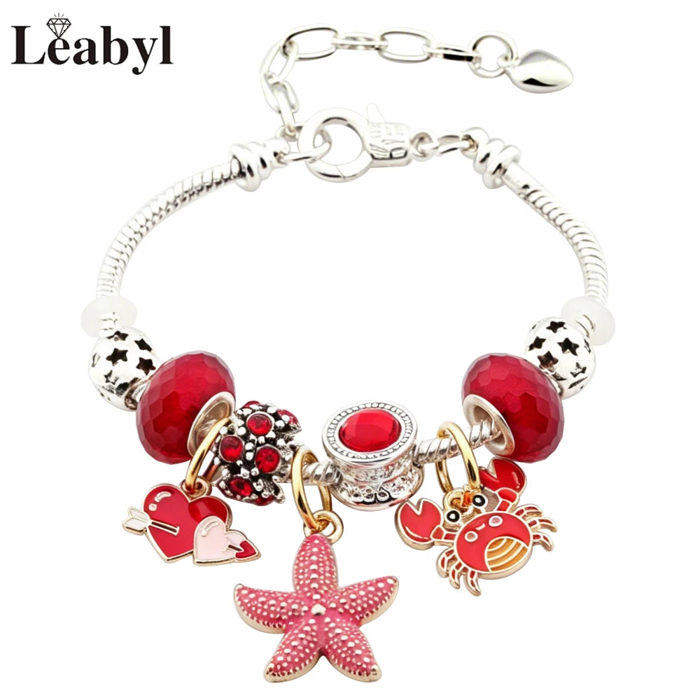 Boho Blue Enamel Dolphin Starfish Shell Bead Pendant Bracelet Silver Color Marine Life DIY Charm Jewelry for Summer Holiday Gift