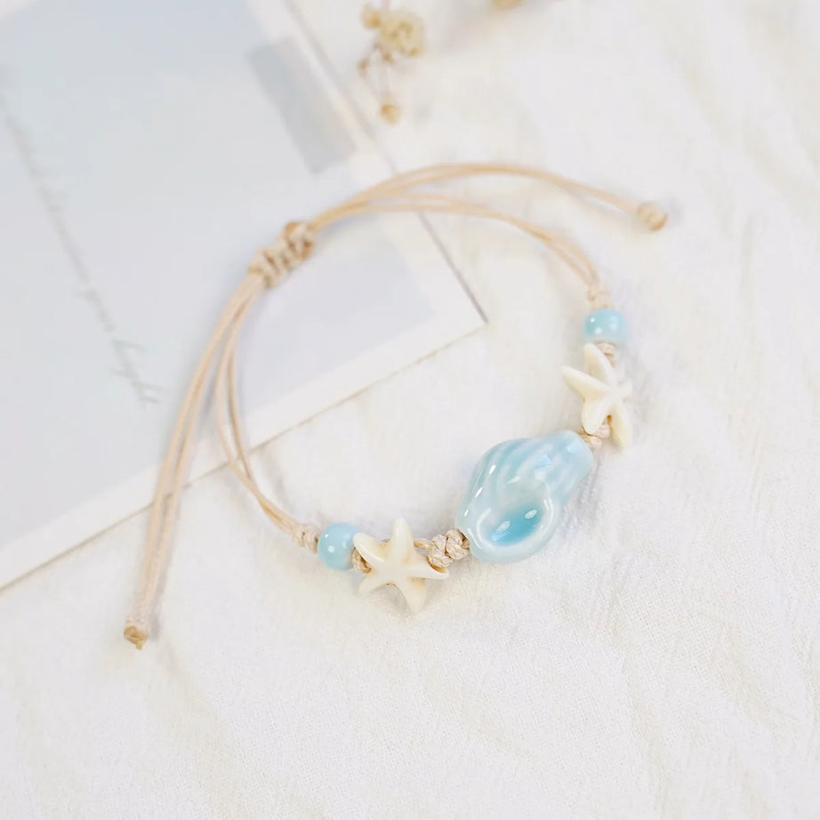 Conch and Starfish Shell Beaded Boho Bracelet
