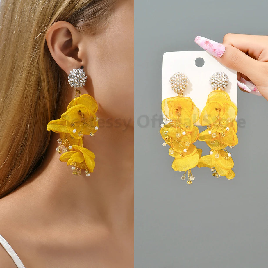 Cotton Flower Petal Beaded Tassel Earrings Jewelry