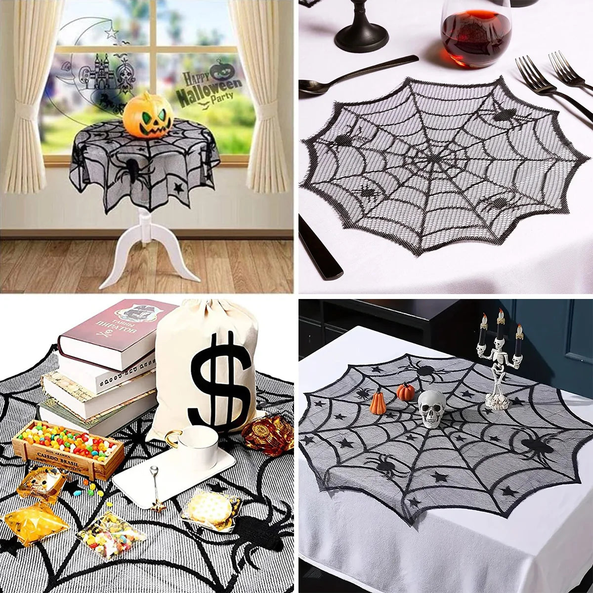 Halloween Black Lace Placemat Happy Halloween Party Decorations 2024 For Home Spider Web Tablecloth Kitchen Dining Table Covers - Charlie Dolly