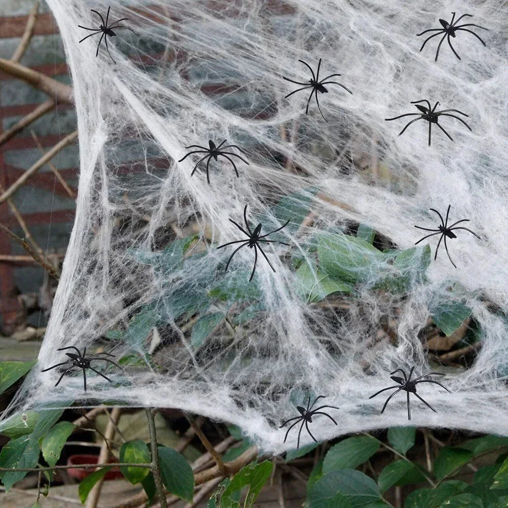 1pc Halloween Elastic Spider Web with Spider Horror Haunted House Yard Scene Arrangement Halloween Faux Decorative Props 2024 - Charlie Dolly