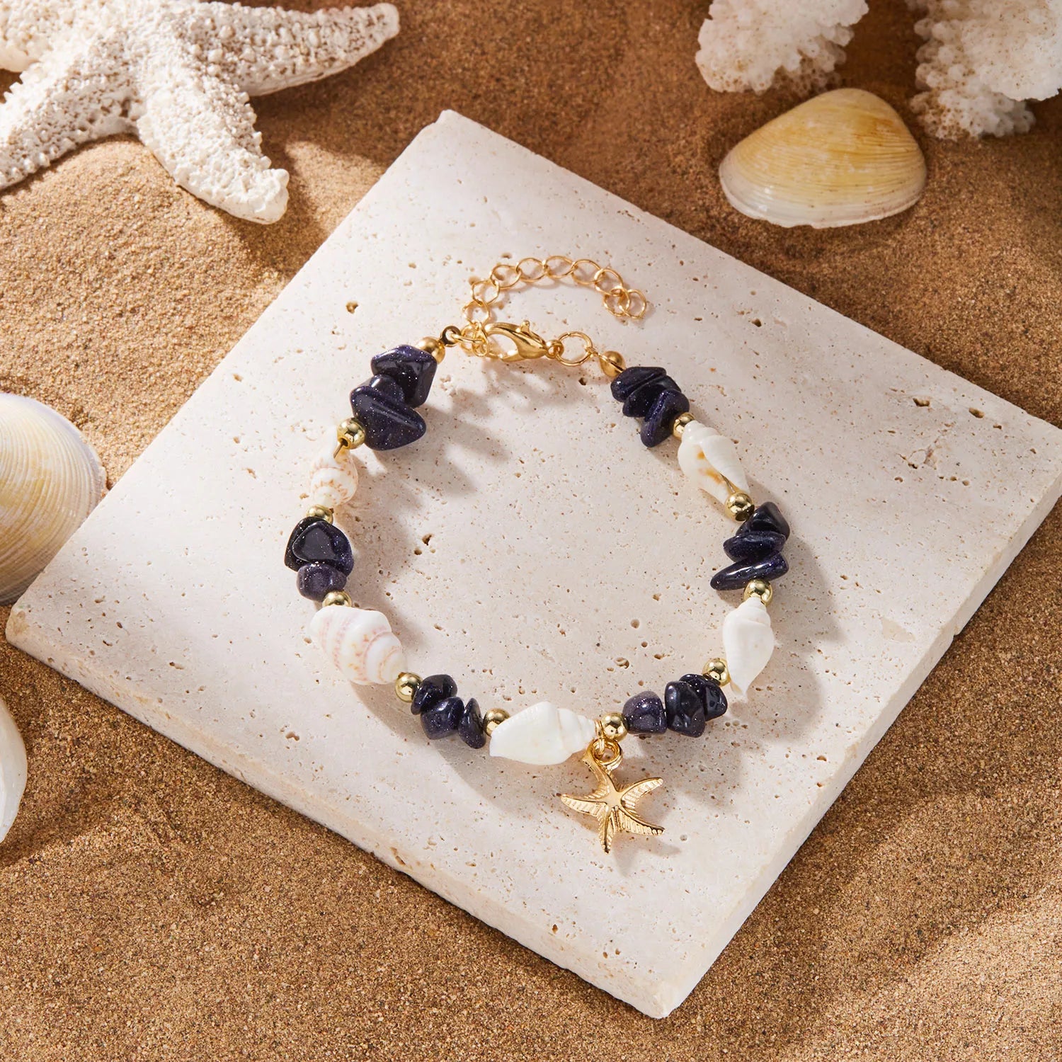 2026 Summer Boho Shell Bracelet for Women Natural Starfish Charm Irregular Stone Beads Bangles Beach Vacation Jewelry Party Gift