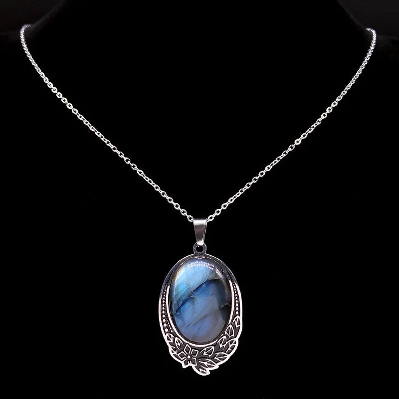 Boho Vintage Natural Labradorite Stone Necklace Women Stainless Steel Bohemia Necklaces Divination Spiritual Meditation Jewelry
