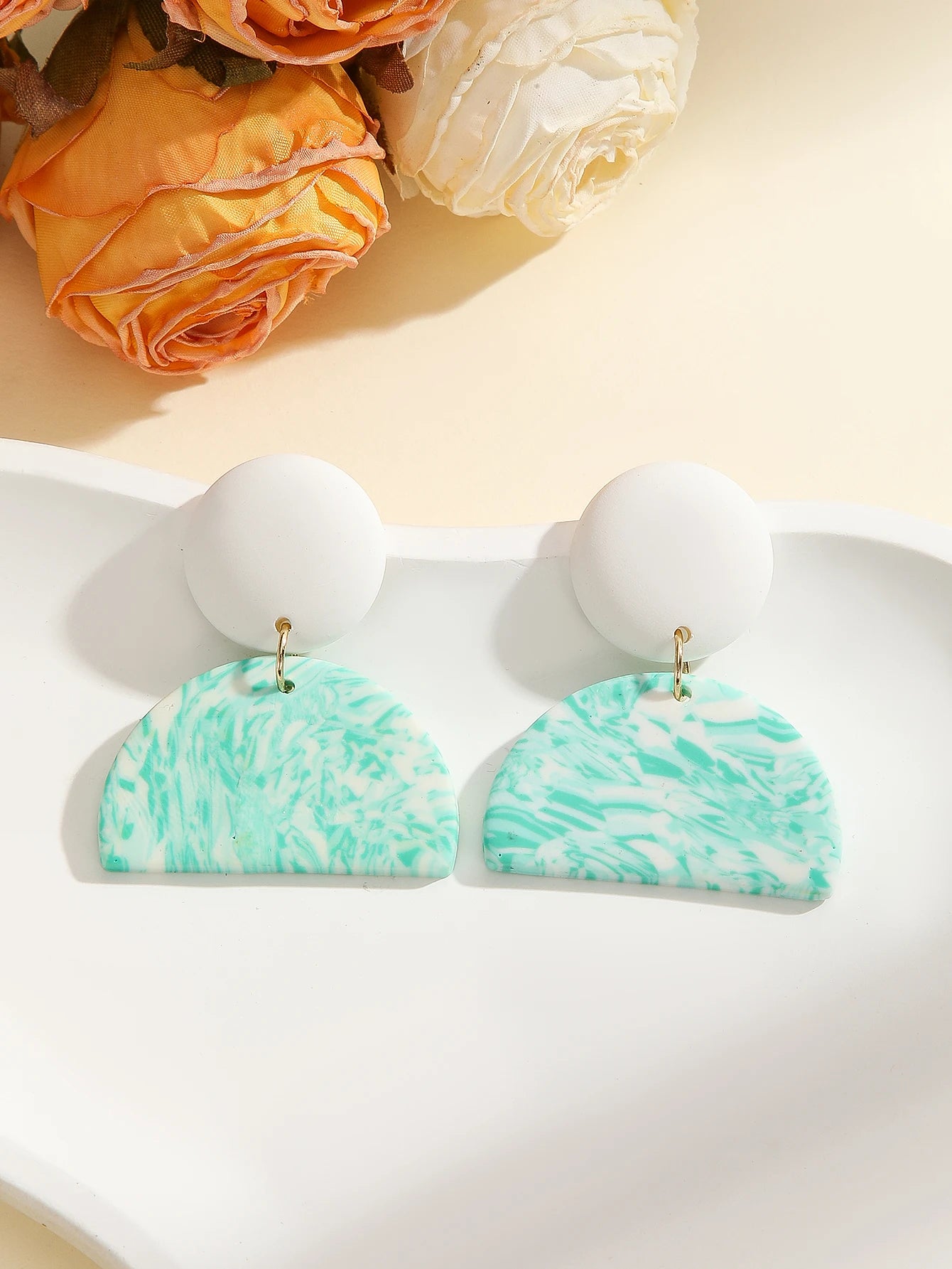 Boho Polymer Clay Earrings Lightweight Dangle Handmade Women's Chevron round Confetti Donut Square Gingham Arch Half Moon Mint