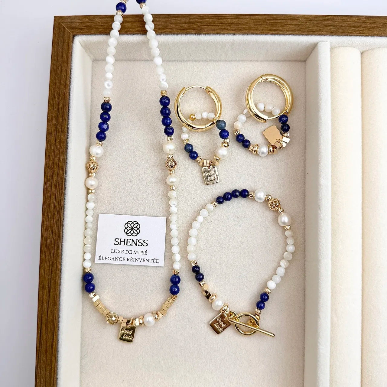 Lapis Lazuli Freshwater Pearl Metal Combined Jewelry Set Necklace Bracelet Earrings 3Piece Set Minimalist Luxury Niche High End