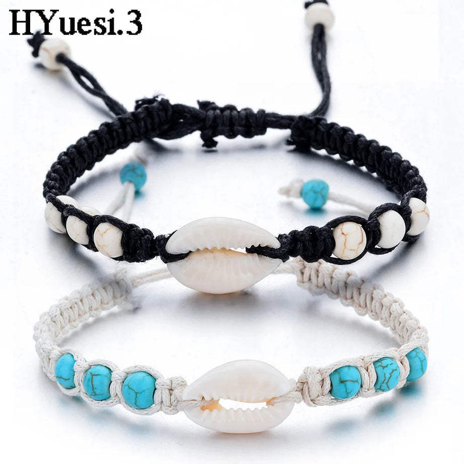 Starfish Shell and Turquoise Woven Wax Rope Bracelet