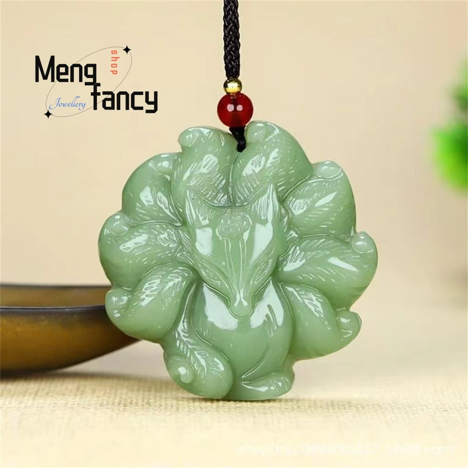 Nine-Tailed Fox Hetian Jade Pendant, Kitsune Sacred Amulet Necklace