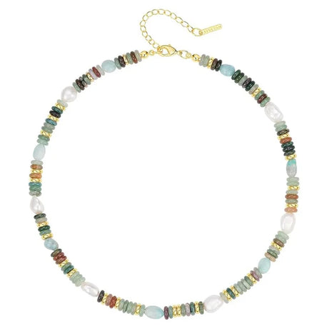 Colorful Boho Natural Stone Surfer Beach Choker 6mm Beaded Gemstone Necklace for Women 14K Gold Plated Handmade Jewelry - Charlie Dolly