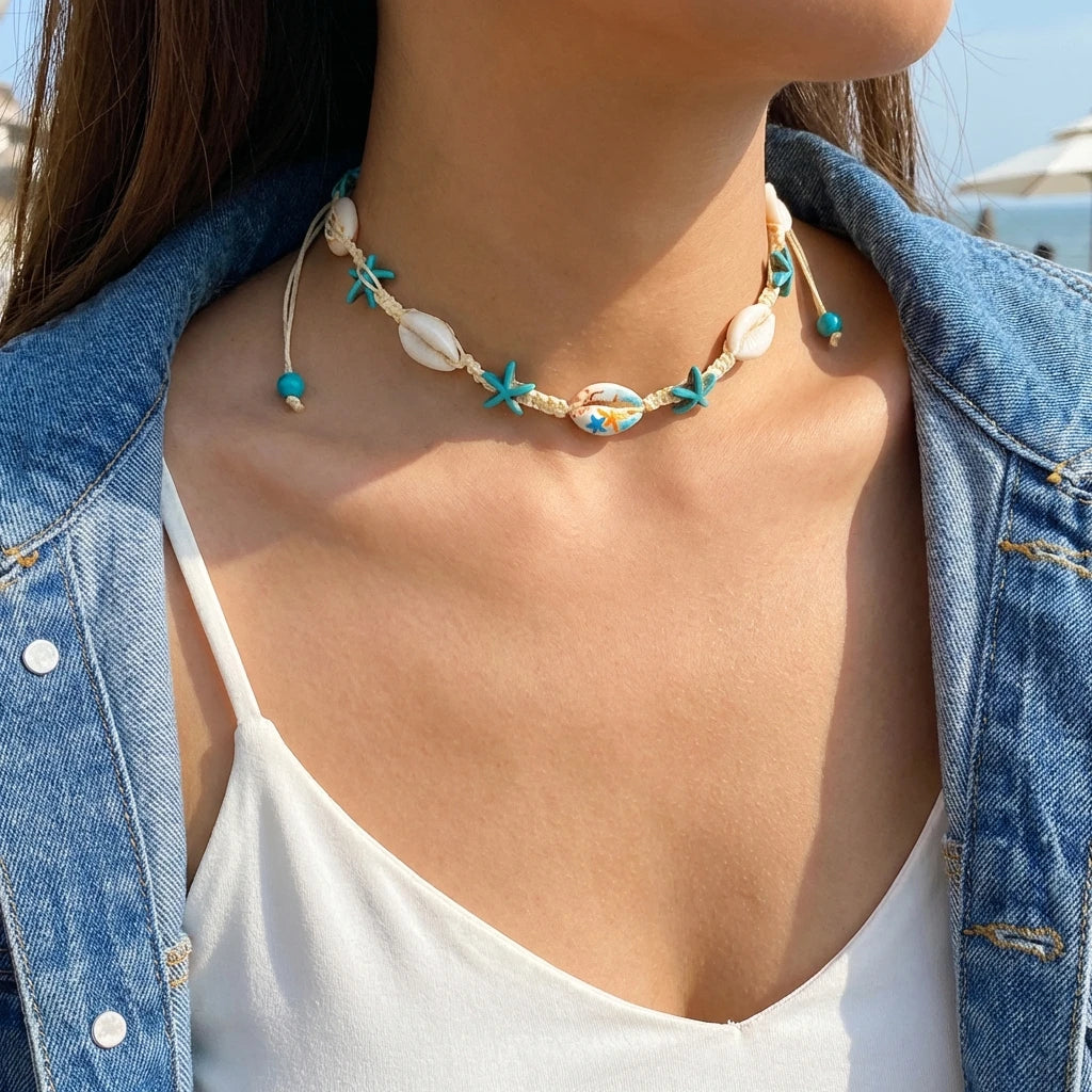 2026 Summer Boho Cowrie Shell Choker Necklace for Women Y2K Cute Blue Starfish Beads Collar Beach Vacation Jewelry Gift